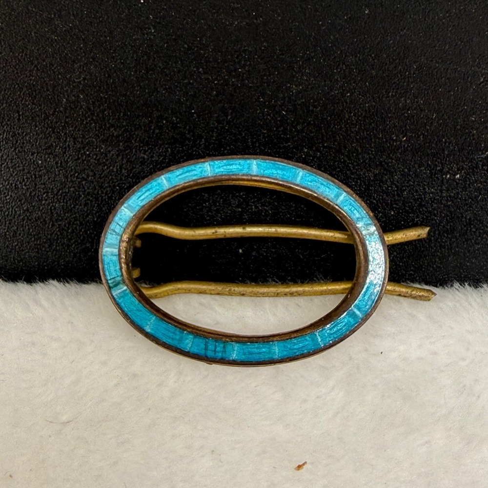 Vintage Estate Hair Barrette Blue Guilloche Enamel Gold Tone 1"